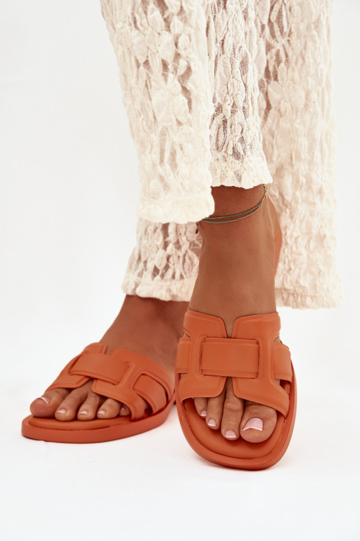 Damespantoffels met brede hakken oranje Lorania