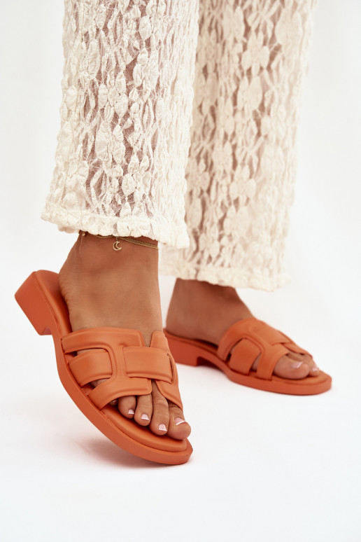 Damespantoffels met brede hakken oranje Lorania