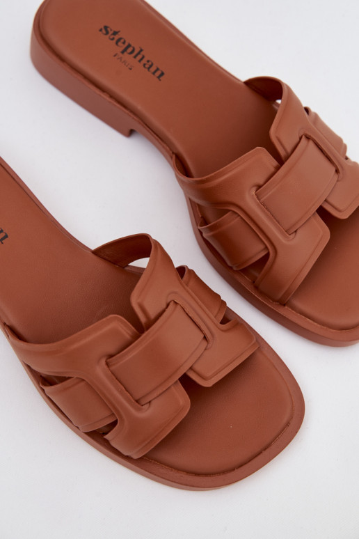 Damespantoffels met brede hakken bruine kleur Lorania