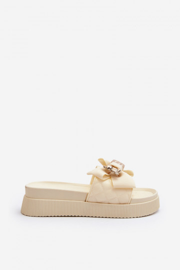 Dames Slippers met linten i teddyberenm beige Katterina 2