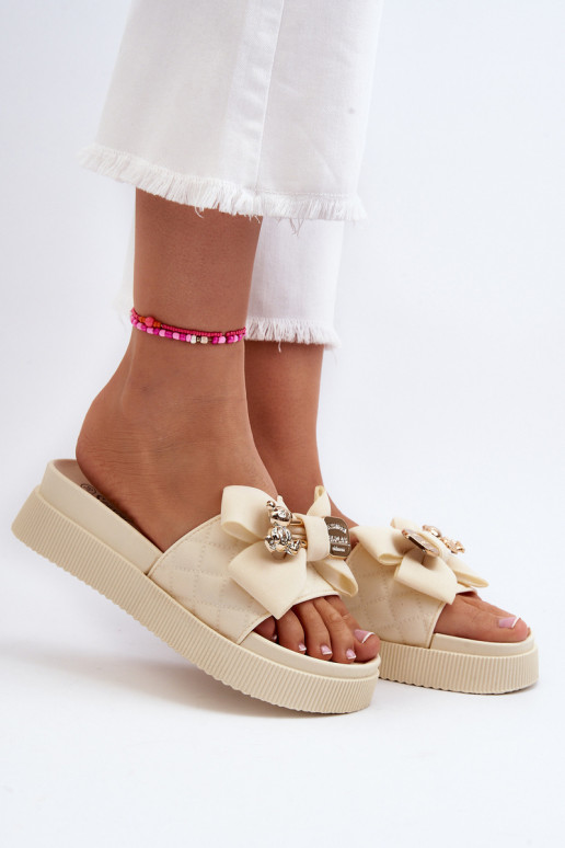 Dames Slippers met linten i teddyberenm beige Katterina