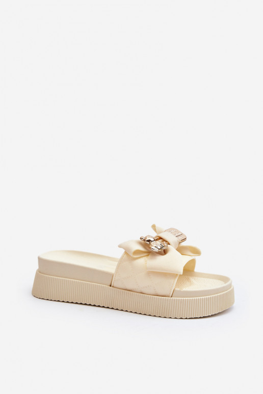 Dames Slippers met linten i teddyberenm beige Katterina