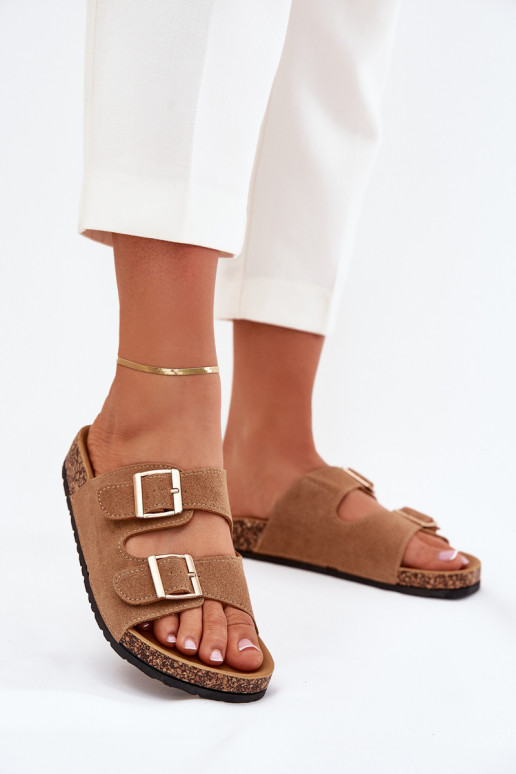 Damespantoffels Ze gouden kleurmi met gespenmi I Przeszyciami bruine kleur Lunera