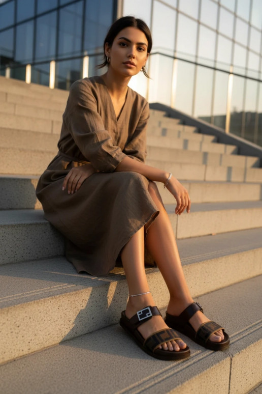 Dames slippers met gouden gespen, bruin