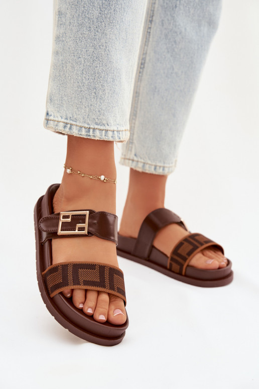 Dames slippers met gouden gespen, bruin