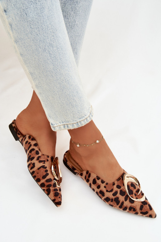 Damespantoffels Mule Met sierlijk gouden kleurm Detalem met luipaardbontpatronen Galvella