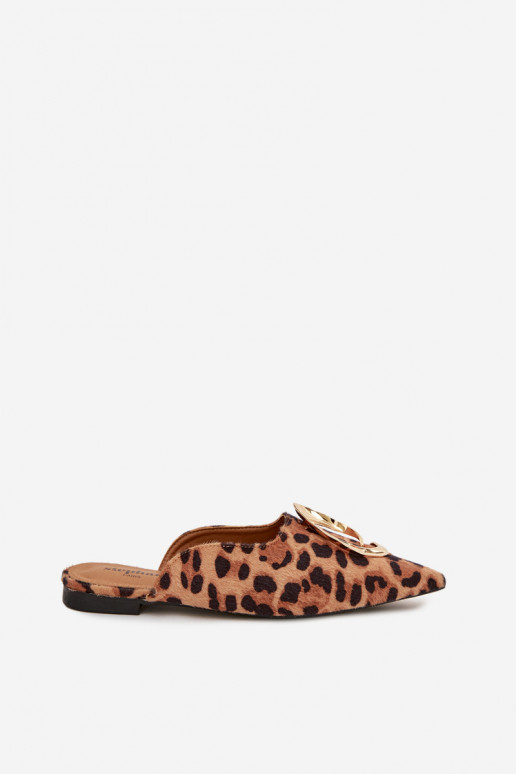 Damespantoffels Mule Met sierlijk gouden kleurm Detalem met luipaardbontpatronen Galvella