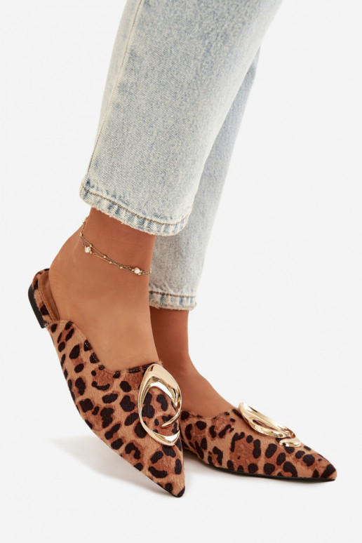 Damespantoffels Mule Met sierlijk gouden kleurm Detalem met luipaardbontpatronen Galvella