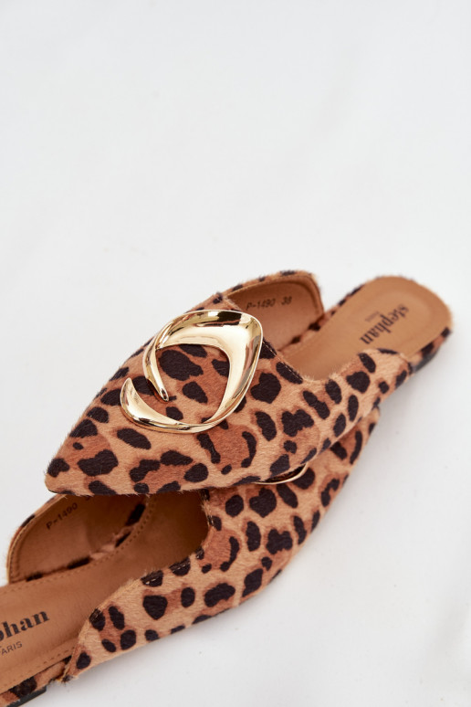 Damespantoffels Mule Met sierlijk gouden kleurm Detalem met luipaardbontpatronen Galvella
