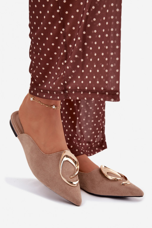 Damespantoffels Mule Met sierlijk gouden kleurm Detalem beige Galvella