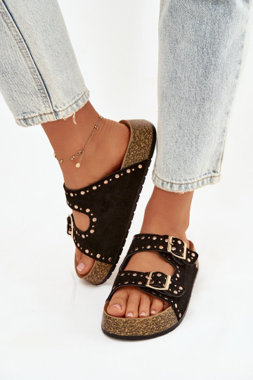 Dames zwarte slippers met gouden gespen en studs Tervina
