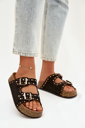 Dames zwarte slippers met gouden gespen en studs Tervina 2