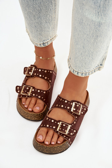 Damespantoffels Ze gouden kleurmi met gespenmi En studs bruine kleur Tervina