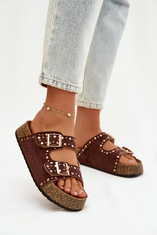 Damespantoffels Ze gouden kleurmi met gespenmi En studs bruine kleur Tervina