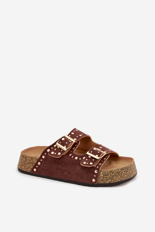 Damespantoffels Ze gouden kleurmi met gespenmi En studs bruine kleur Tervina