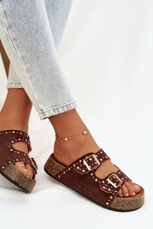 Damespantoffels Ze gouden kleurmi met gespenmi En studs bruine kleur Tervina