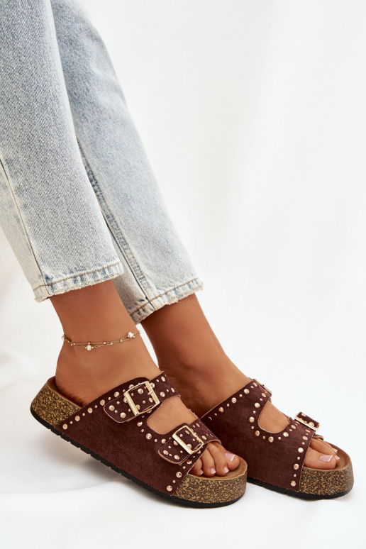 Damespantoffels Ze gouden kleurmi met gespenmi En studs bruine kleur Tervina