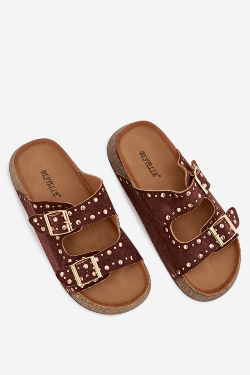 Damespantoffels Ze gouden kleurmi met gespenmi En studs bruine kleur Tervina