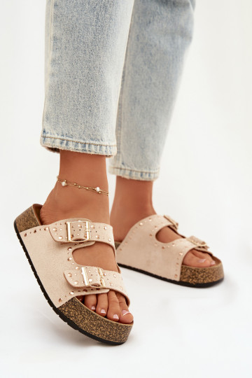 Damespantoffels Ze gouden kleurmi met gespenmi En studs ivoor Tervina