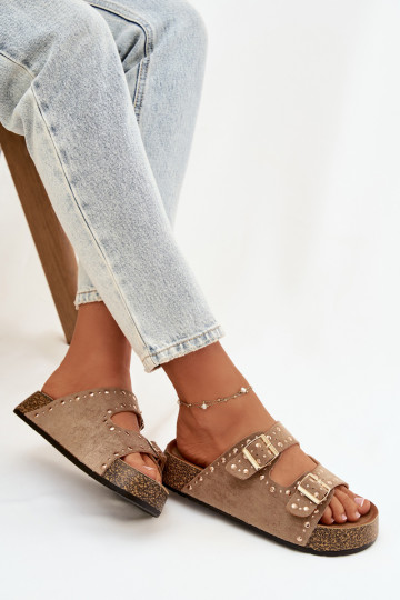 Dames kaki slippers met gouden gespen en studs Tervina