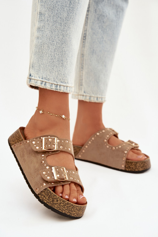 Damespantoffels Ze gouden kleurmi met gespenmi En studs kaki kleuren Tervina