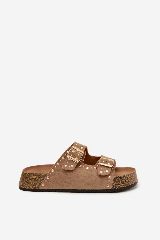 Damespantoffels Ze gouden kleurmi met gespenmi En studs kaki kleuren Tervina