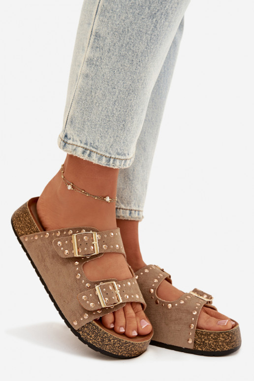 Damespantoffels Ze gouden kleurmi met gespenmi En studs kaki kleuren Tervina