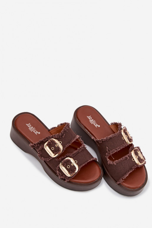 Damespantoffels met platform Ze gouden kleurmi met gespenmi CzekoladoIne Renelisse