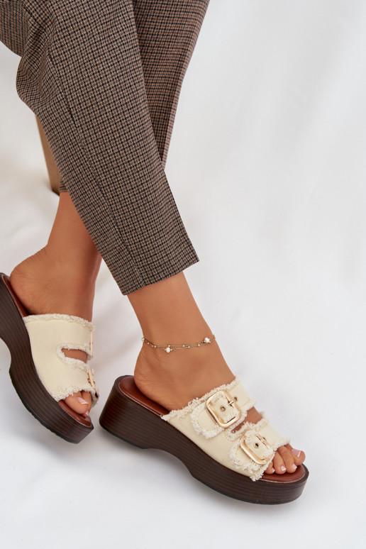 Damespantoffels met platform Ze gouden kleurmi met gespenmi ivoor Renelisse