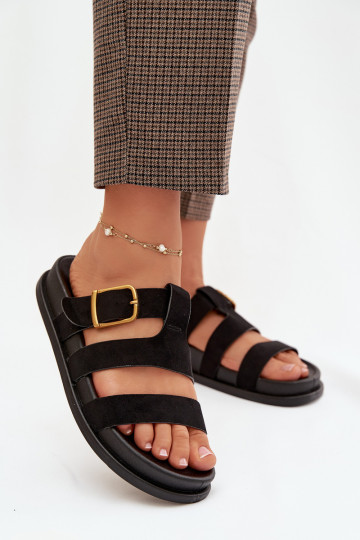 Damespantoffels met bandjes in goudkleur met zwarte gespen 2