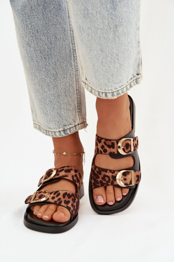 Damespantoffels Ze gouden kleurmi met gespenmi met luipaardbontpatronen in zInart en bruin Danelle 2