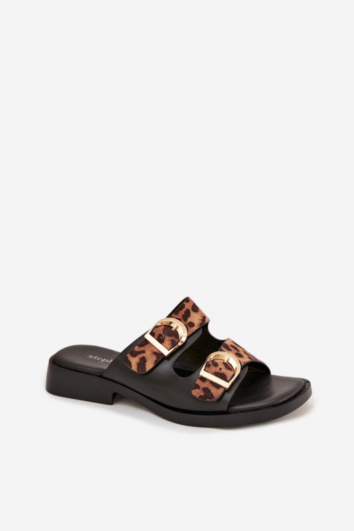 Damespantoffels Ze gouden kleurmi met gespenmi met luipaardbontpatronen in zInart en bruin Danelle