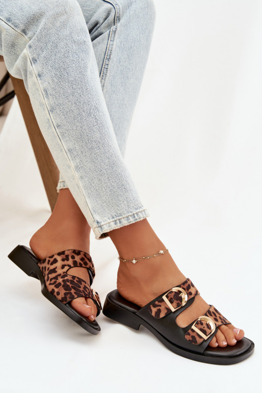 Damespantoffels Ze gouden kleurmi met gespenmi met luipaardbontpatronen in zInart en bruin Danelle