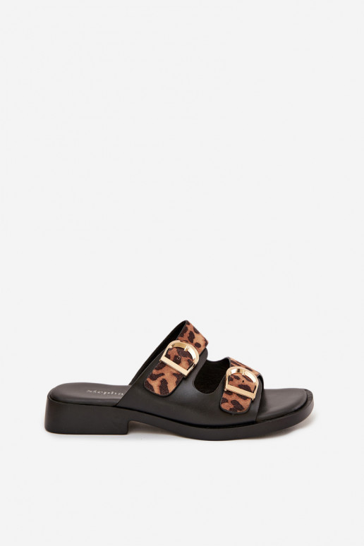 Damespantoffels Ze gouden kleurmi met gespenmi met luipaardbontpatronen in zInart en bruin Danelle
