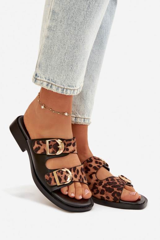 Damespantoffels Ze gouden kleurmi met gespenmi met luipaardbontpatronen in zInart en bruin Danelle