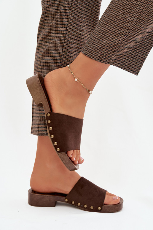 Damespantoffels met brede hakken Ze gouden kleurmi Studs CzekoladoIne Girella