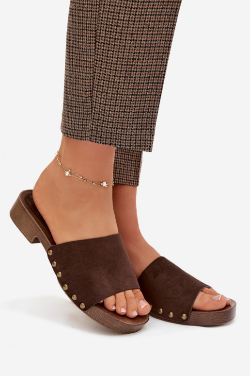 Damespantoffels met brede hakken Ze gouden kleurmi Studs CzekoladoIne Girella