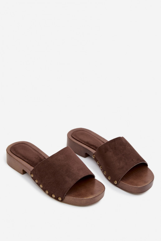 Damespantoffels met brede hakken Ze gouden kleurmi Studs CzekoladoIne Girella