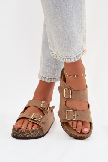 Zandkleurige damesplatformslippers met gouden gespen „Tovessa"