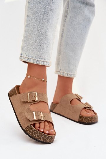 Damespantoffels met platform Ze gouden kleurmi met gespenmi beige Tovessa 2