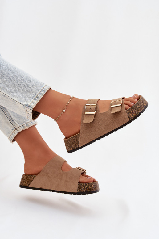 Damespantoffels met platform Ze gouden kleurmi met gespenmi beige Tovessa