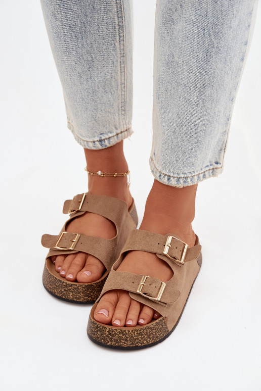 Damespantoffels met platform Ze gouden kleurmi met gespenmi beige Tovessa