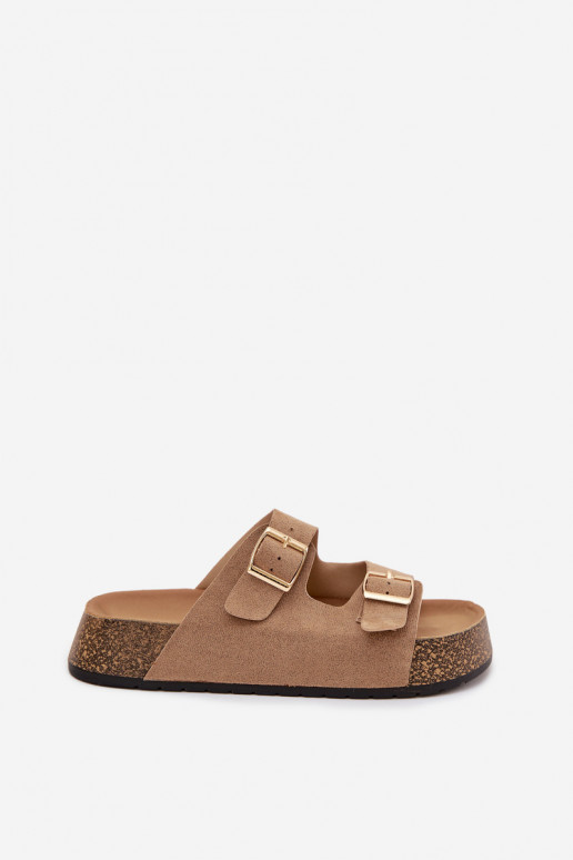 Damespantoffels met platform Ze gouden kleurmi met gespenmi beige Tovessa