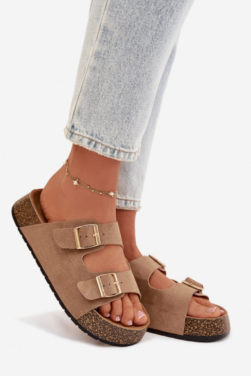 Damespantoffels met platform Ze gouden kleurmi met gespenmi beige Tovessa