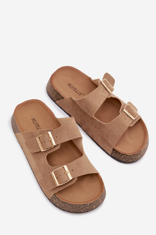 Damespantoffels met platform Ze gouden kleurmi met gespenmi beige Tovessa