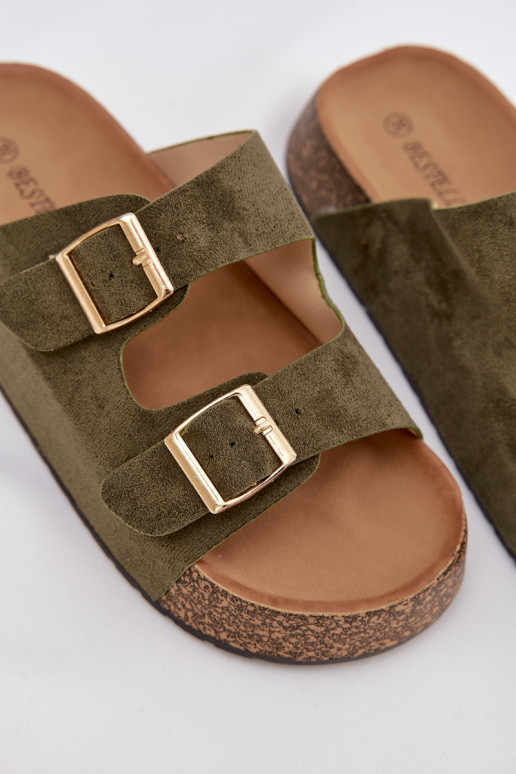 Damespantoffels met platform Ze gouden kleurmi met gespenmi groene kleur Tovessa