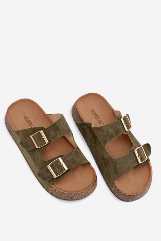 Damespantoffels met platform Ze gouden kleurmi met gespenmi groene kleur Tovessa