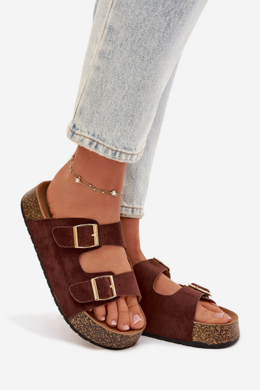 Damespantoffels met platform Ze gouden kleurmi met gespenmi bruine kleur Tovessa