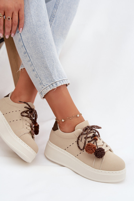 Sneakers model schoenen Dames met platform Met sierlijki Pomponami beige Corinna