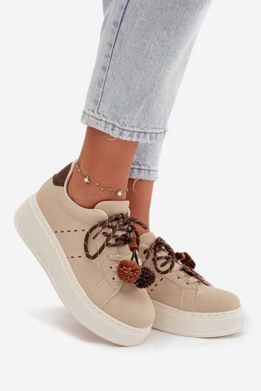 Sneakers model schoenen Dames met platform Met sierlijki Pomponami beige Corinna